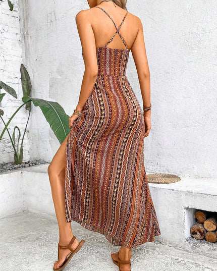 Women's Ethnic Pattern Backless Split Thigh Boho Maxi Dress