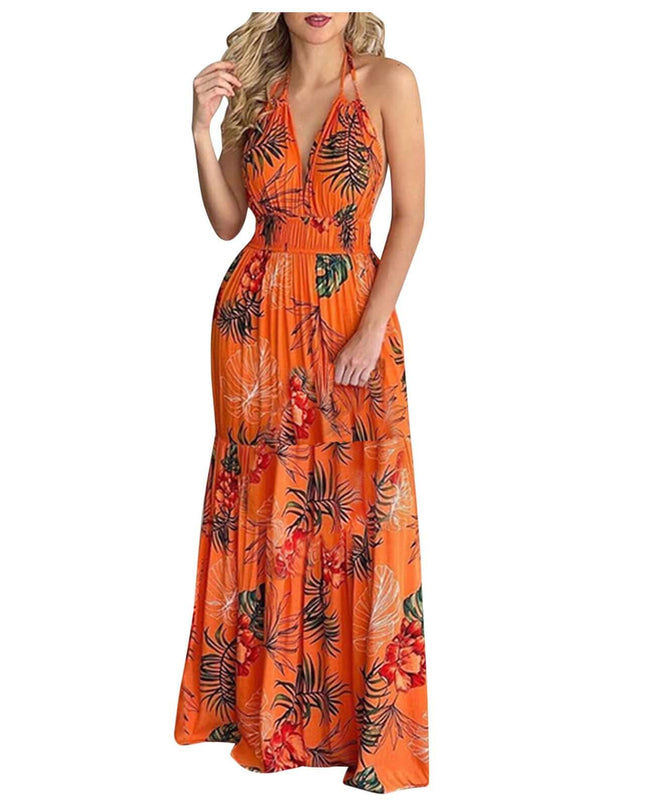 Women Tropical Print Halter Backless Maxi Dress Sexy Sleeveless Deeep V Beach Dress