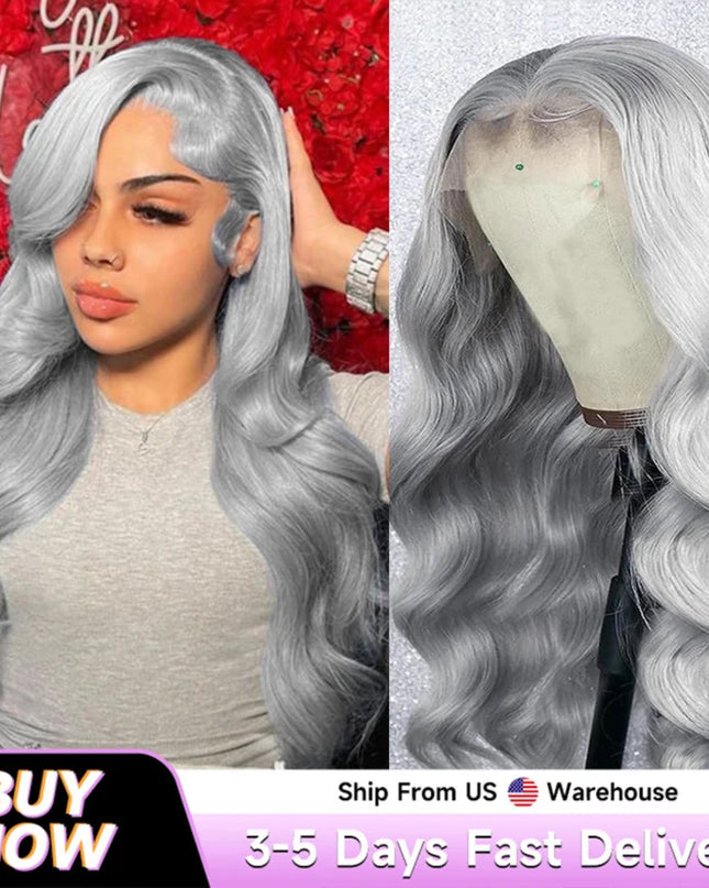 Silver wig shown on a person and a mannequin head with promotional text at the bottom.