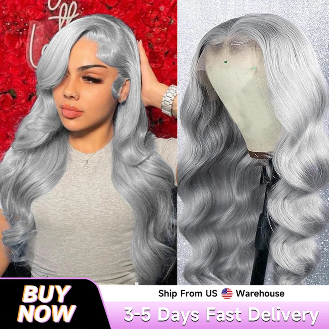 Silver wig shown on a person and a mannequin head with promotional text at the bottom.