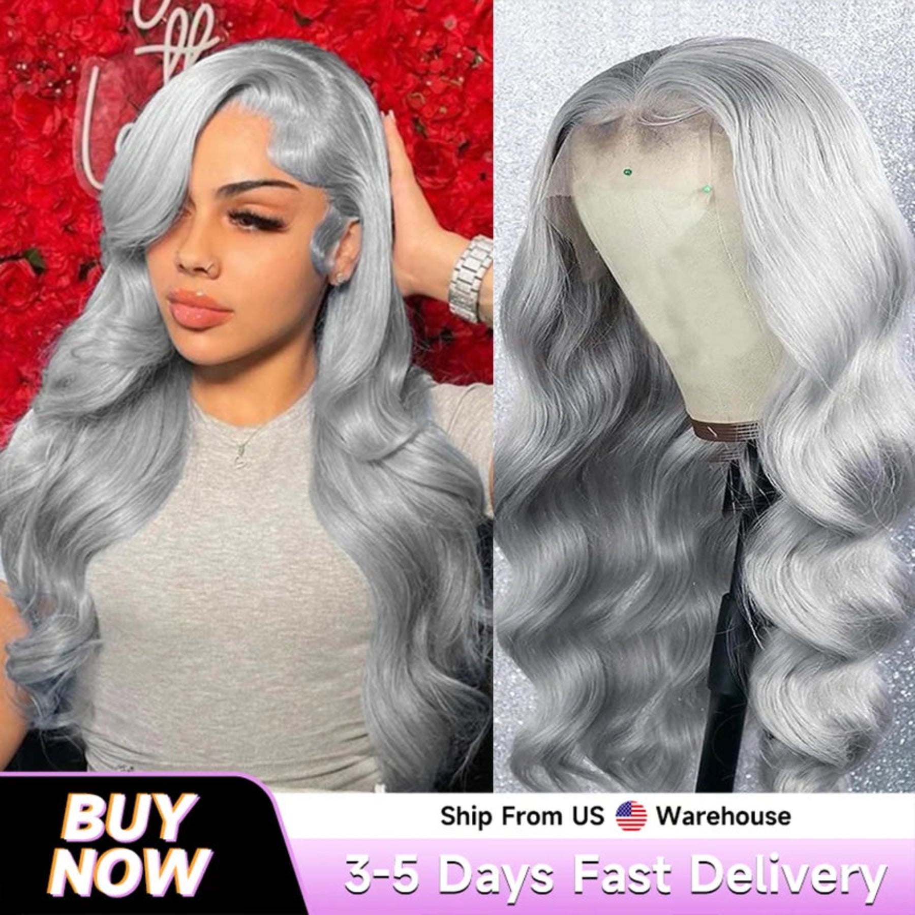 Silver wig shown on a person and a mannequin head with promotional text at the bottom.