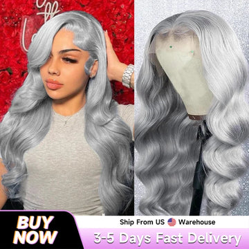 Silver wig shown on a person and a mannequin head with promotional text at the bottom.