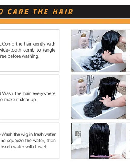 Step-by-step guide on how to care for hair, with images of washing a wig.