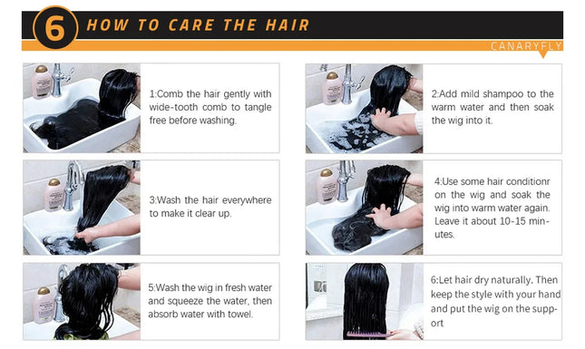 Step-by-step guide on how to care for hair, with images of washing a wig.