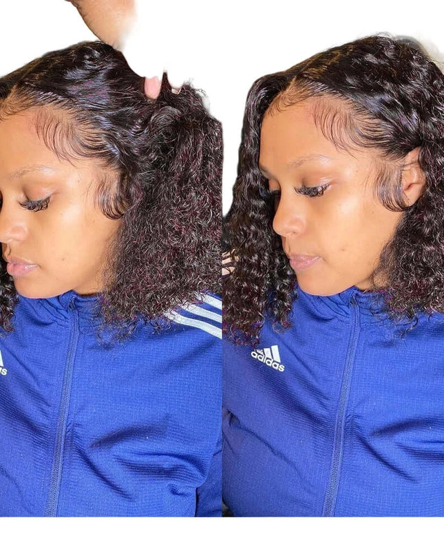 Two views of a person wearing a blue Adidas jacket with transparent lace and pre-plucked baby hair.