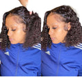 Two views of a person wearing a blue Adidas jacket with transparent lace and pre-plucked baby hair.