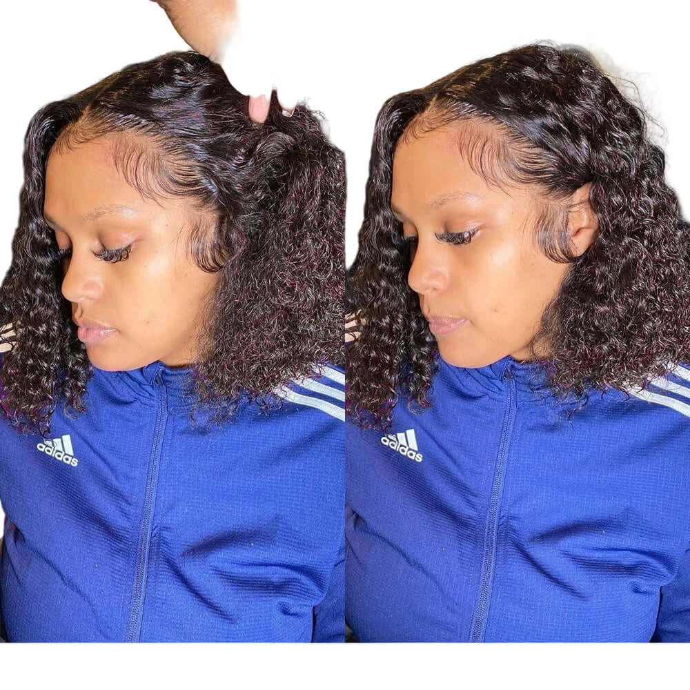 Two views of a person wearing a blue Adidas jacket with transparent lace and pre-plucked baby hair.