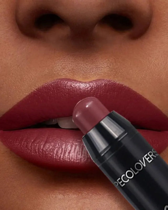 Decolorvers lipstick being applied to a lip with close-up focus.