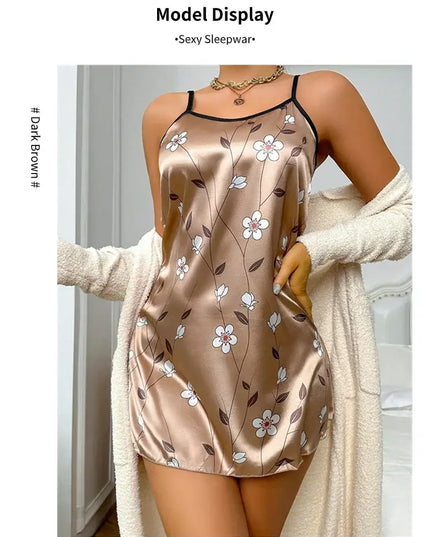 Women's Sleepdress Satin Floral Print Nightdress Comfortable Spaghetti Strap Sleepwear Dress Luxurious Satin Slip Nightdress