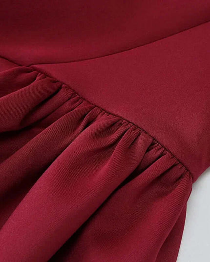 Elegant Off Shoulder Mini Dress Party detail showing the draped A-Line skirt design in rich burgundy fabric.