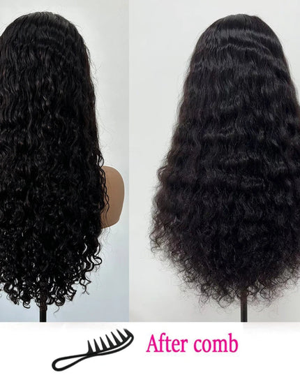 Curly virgin human hair lace wig styled with comb, displaying before and after results.
