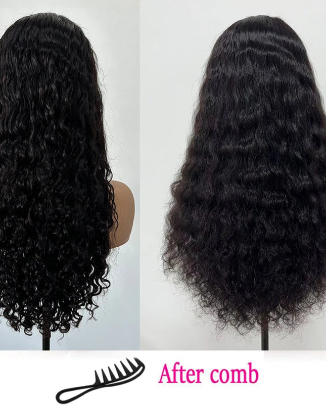 Curly virgin human hair lace wig styled with comb, displaying before and after results.