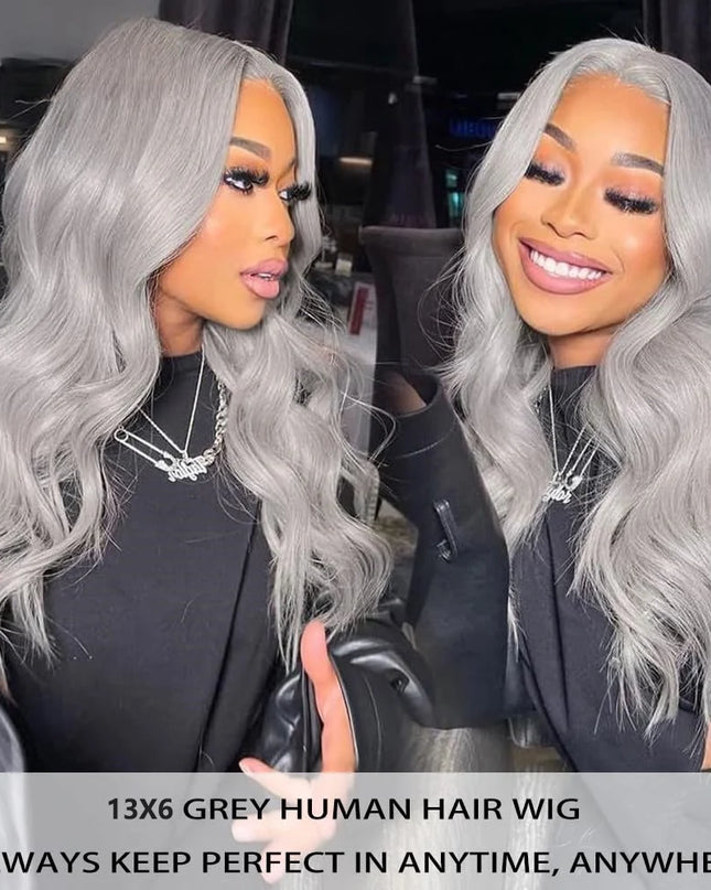 Woman with silver hair looking at herself in a mirror, with text about a 13x6 grey human hair wig.