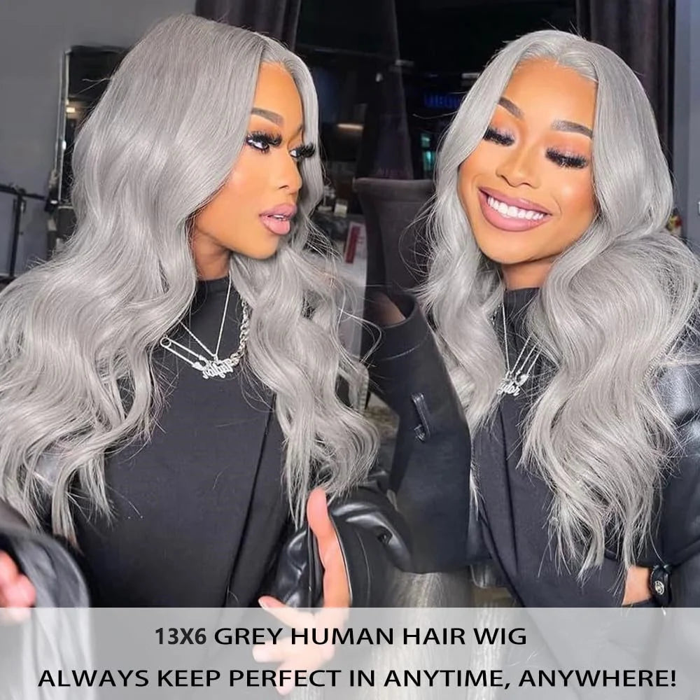 Woman with silver hair looking at herself in a mirror, with text about a 13x6 grey human hair wig.