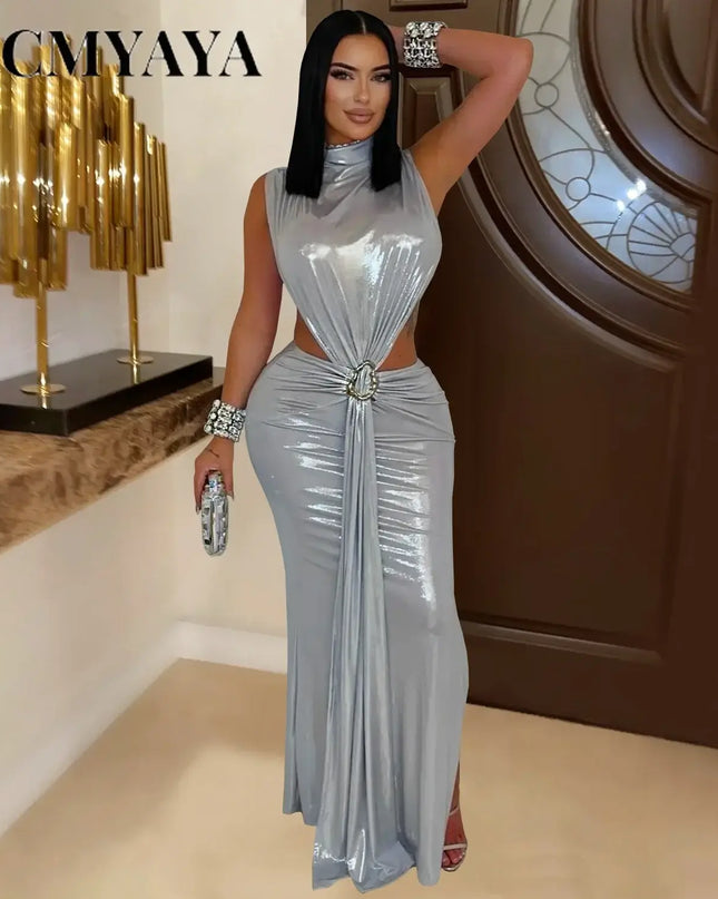 CM.YAYA Women's Gilding Cutout Bodycon Maxi Dress showcasing modern elegance with a contemporary flair.