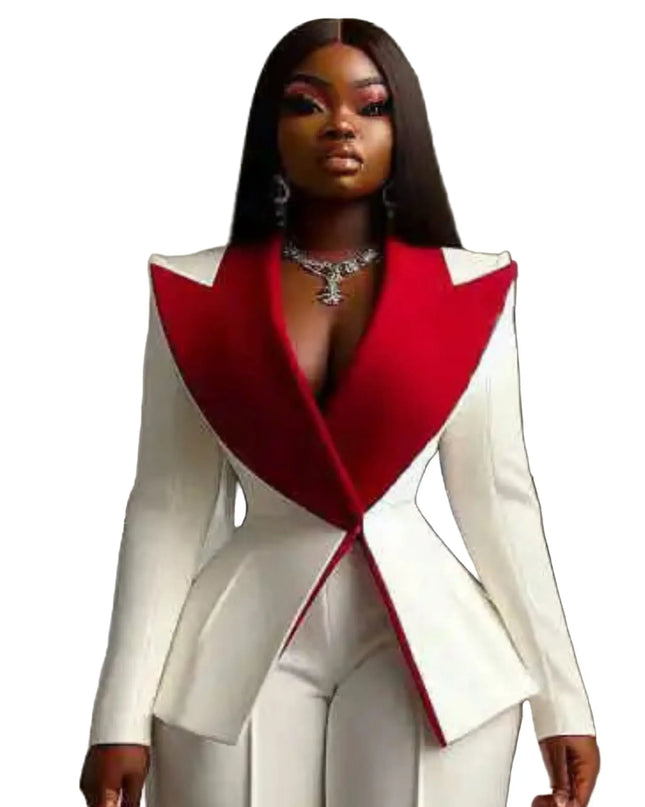 Person wearing a white and red outfit with a geometric design.