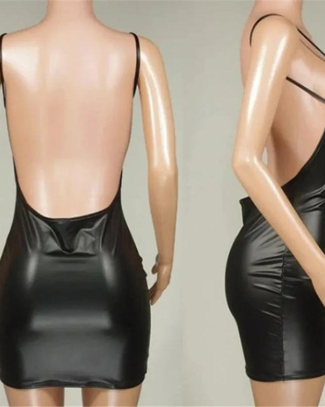 Black satin dress shown from front and back on mannequins against a neutral background