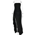 Black strapless gown on a white background