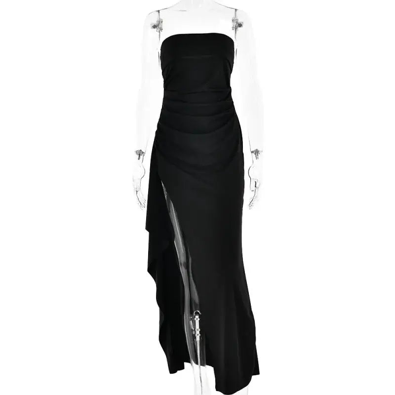 Black strapless gown on a white background
