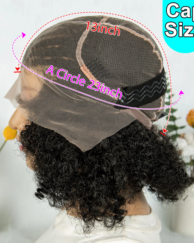Wig cap with measurements on a mannequin head, set against a white background with decorative elements.