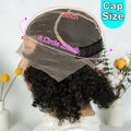 Wig cap with measurements on a mannequin head, set against a white background with decorative elements.
