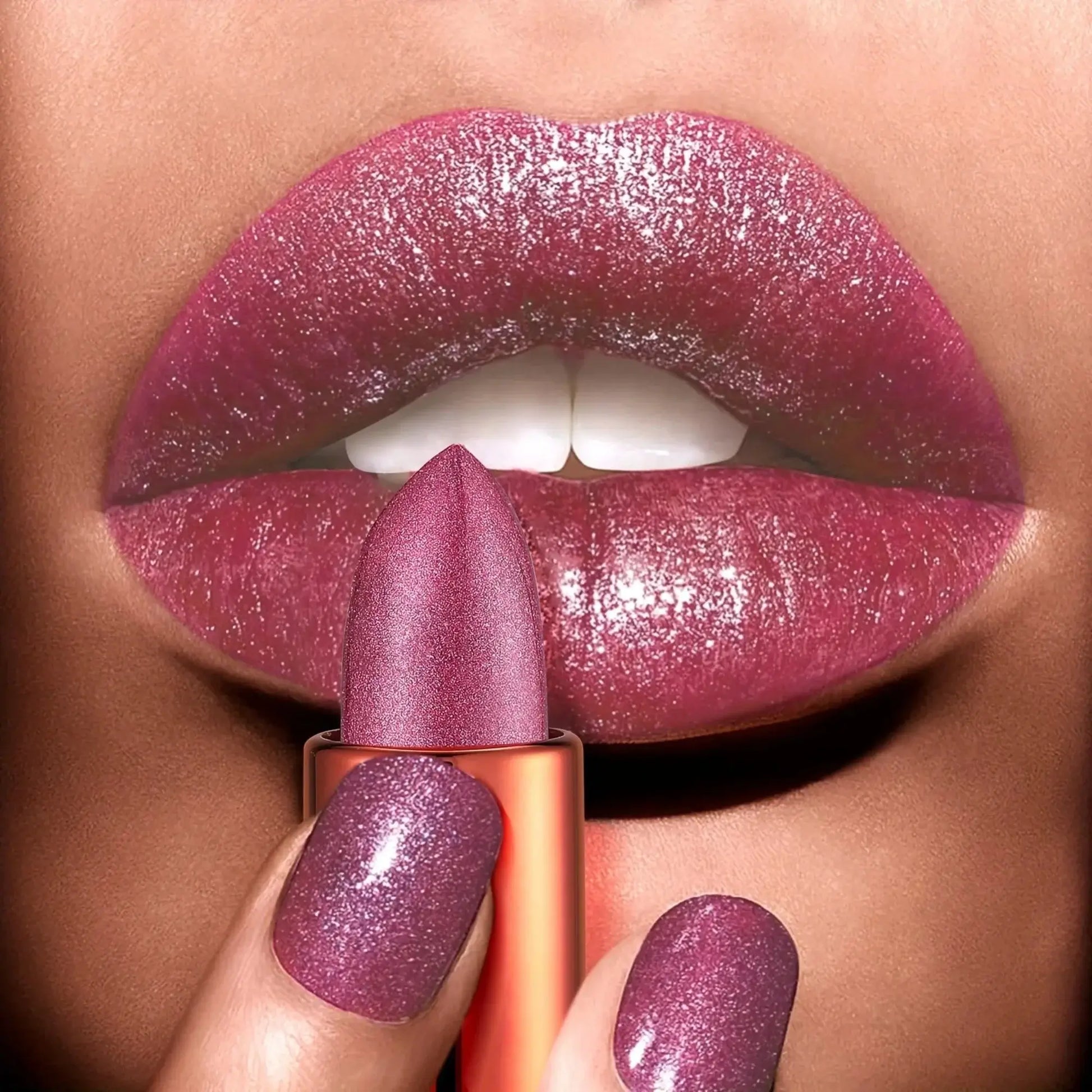 Close-up of a hand holding a purple glittery lipstick against a matching background