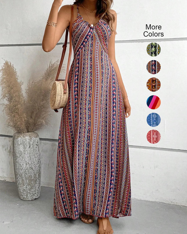 Women's Ethnic Pattern Backless Split Thigh Boho Maxi Dress