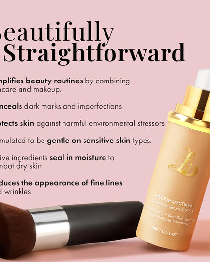 Skincare serum bottle with brush on a pink background, featuring text about product benefits.