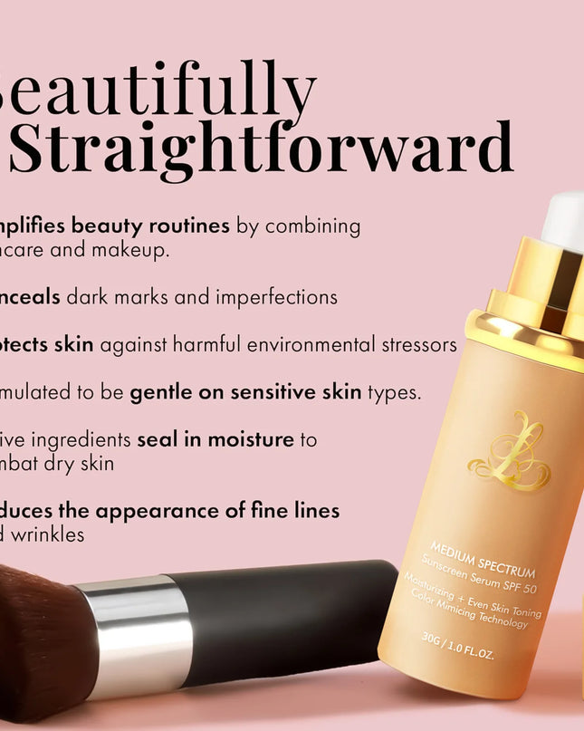 Skincare serum bottle with brush on a pink background, featuring text about product benefits.