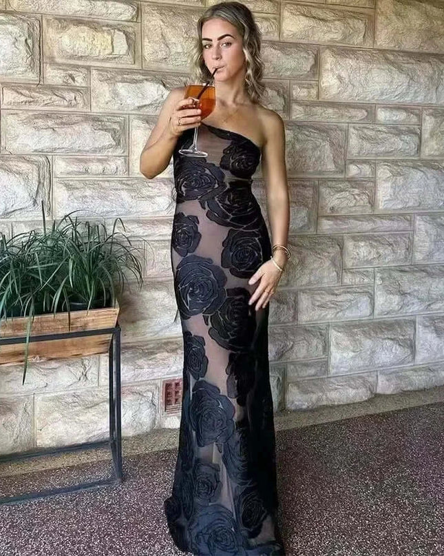 Oligai one shoulder elegant dress featuring a sexy mesh design and floral details, perfect for birthday celebrations.