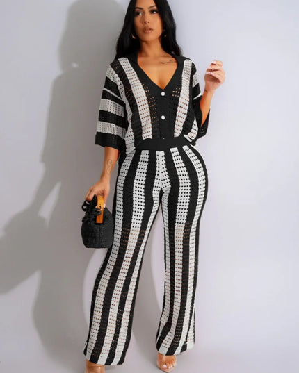 Women's Crochet Knit Two-Piece Beach Set – Button Top & Wide-Leg Pants