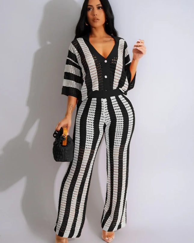Women's Crochet Knit Two-Piece Beach Set – Button Top & Wide-Leg Pants