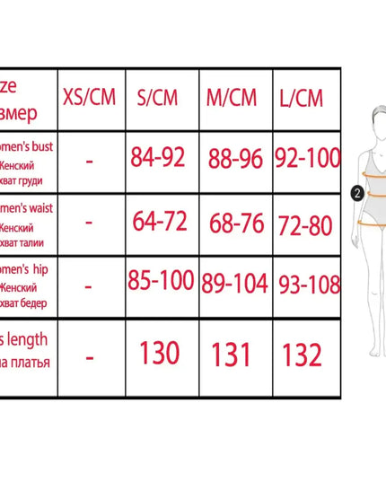 Size chart for Oligai one shoulder elegant dress, showing women's bust, waist, hip measurements and dress length in various sizes.