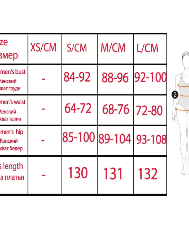 Size chart for Oligai one shoulder elegant dress, showing women's bust, waist, hip measurements and dress length in various sizes.