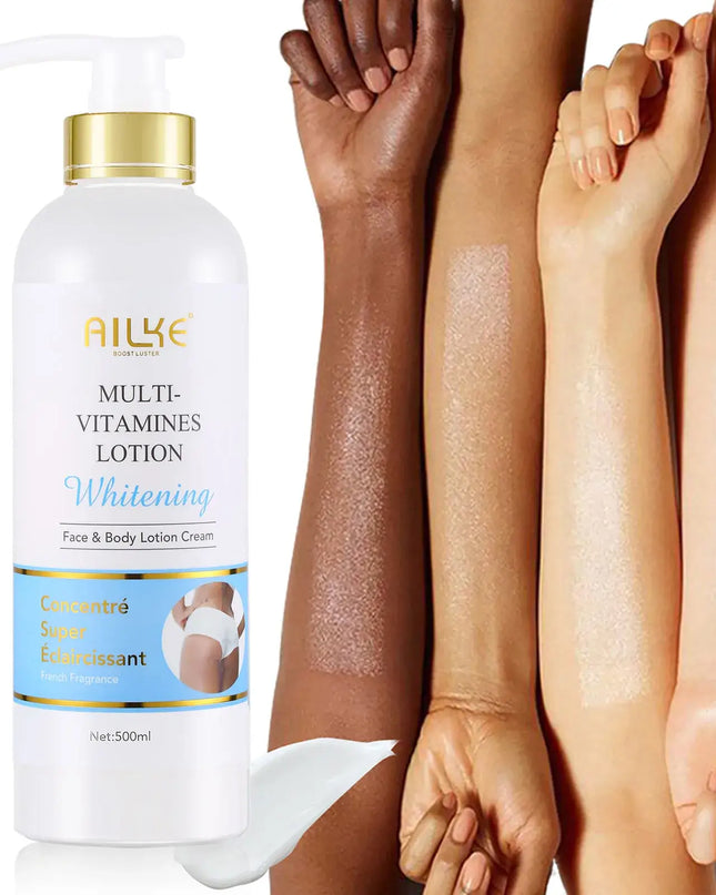 AILKE Multi Vitamins Whitening Body Lotion with smooth skin tones and shiny arms, promoting skin brightness and health.