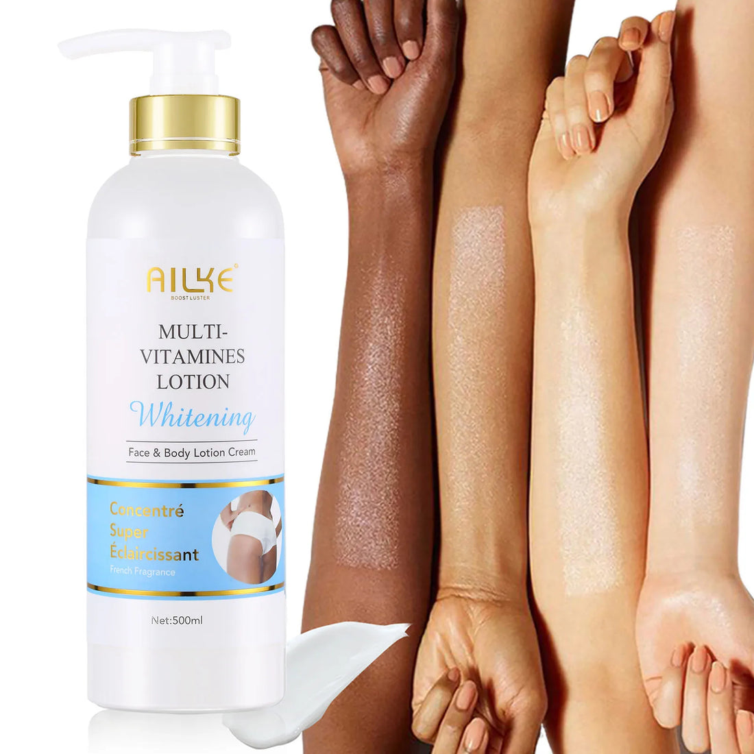 AILKE Multi Vitamins Whitening Body Lotion with smooth skin tones and shiny arms, promoting skin brightness and health.