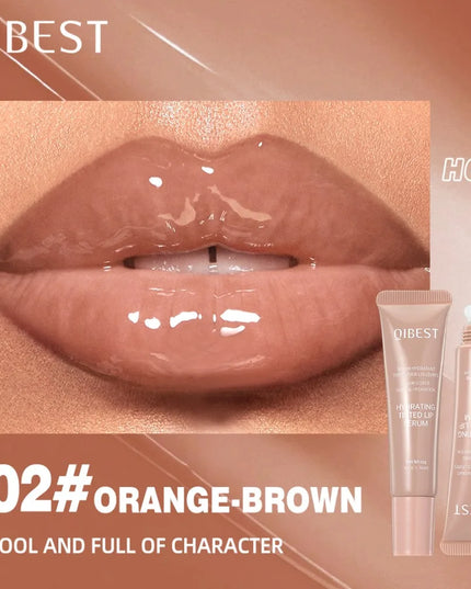Lip gloss with QIBEST branding, showing a close-up of lips and product packaging.