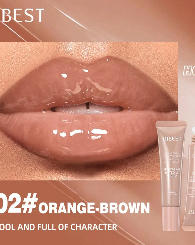 Lip gloss with QIBEST branding, showing a close-up of lips and product packaging.