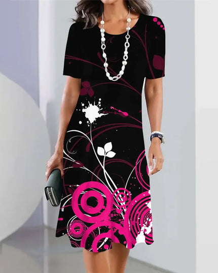 Summer women's dresses 3d floral print short sleeve A-line dress with black and pink design.