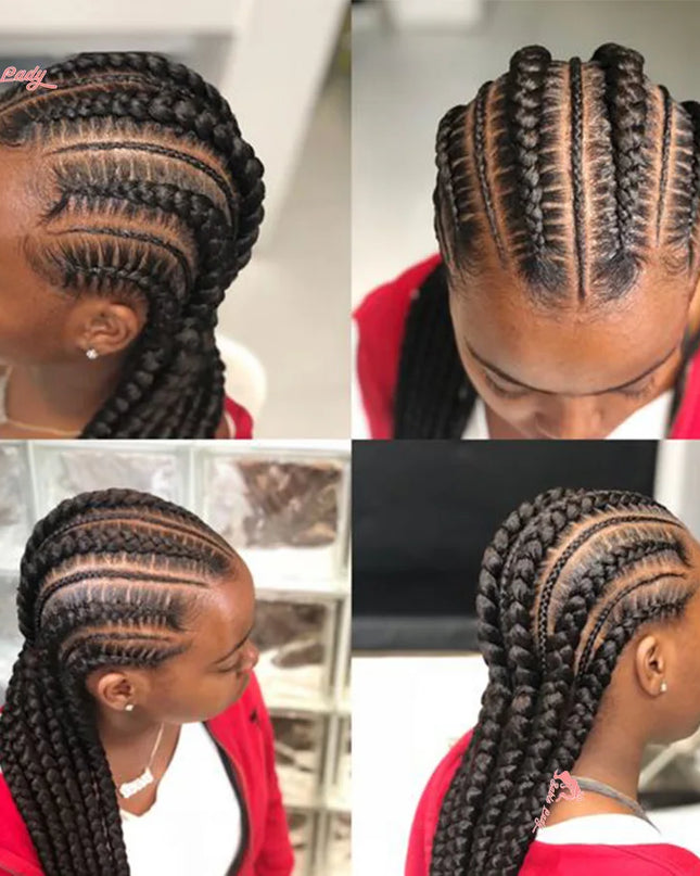 Synthetic braided lace front wigs featuring 6 braids with baby hair in a stylish cornrow box braid design.