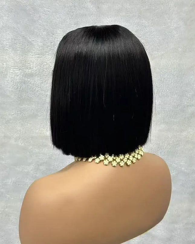 2x6 straight lace bob wig showing sleek black hair with a short bob cut, highlighting the 180 density human hair bob wig.