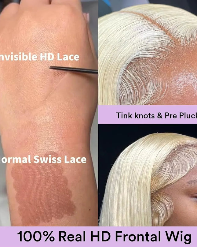 Comparison of Invisible HD Lace, Normal Swiss Lace, and 100% Real HD Frontal Wig on a person's head.
