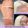 Comparison of Invisible HD Lace, Normal Swiss Lace, and 100% Real HD Frontal Wig on a person's head.