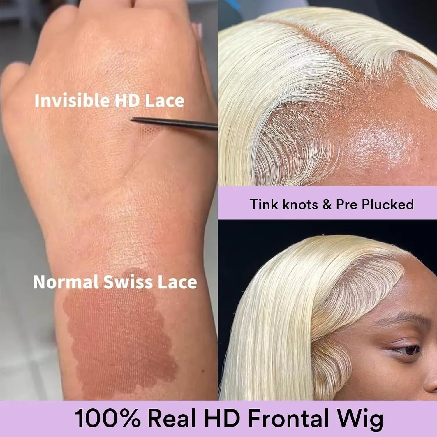 Comparison of Invisible HD Lace, Normal Swiss Lace, and 100% Real HD Frontal Wig on a person's head.