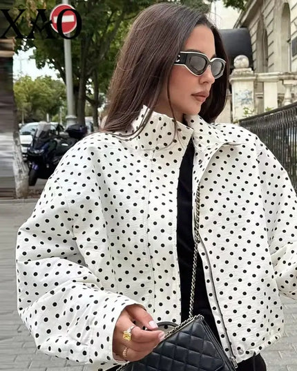 HXAO Polka Dot Bomber Jacket Women's Jackets Demi-Season Oversized Long Sleeve Top Outerwear Aviator Plus Size Zip Up Crop Coats