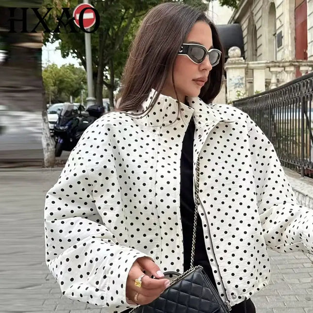 HXAO Polka Dot Bomber Jacket Women's Jackets Demi-Season Oversized Long Sleeve Top Outerwear Aviator Plus Size Zip Up Crop Coats