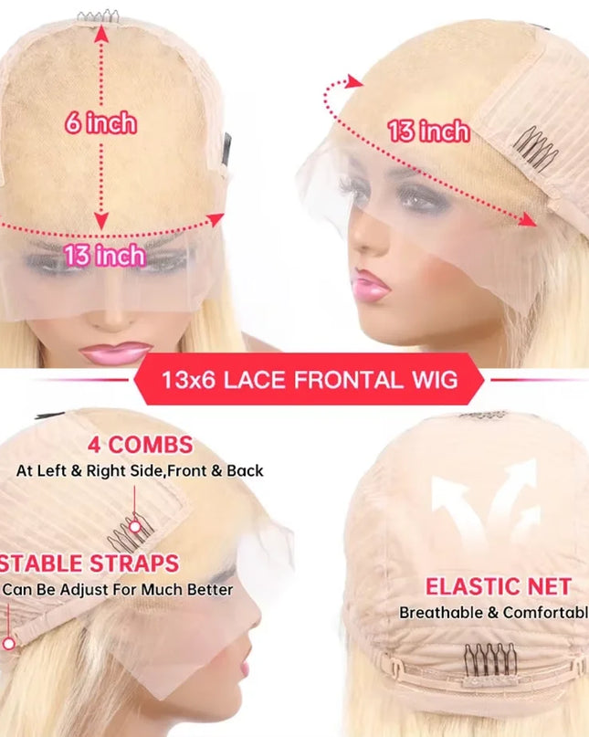 Blonde lace frontal wig with measurements and features highlighted on a white background