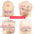 Blonde lace frontal wig with measurements and features highlighted on a white background