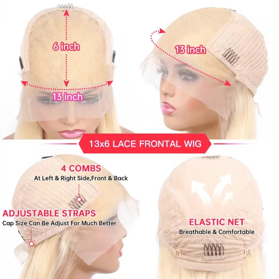 Blonde lace frontal wig with measurements and features highlighted on a white background