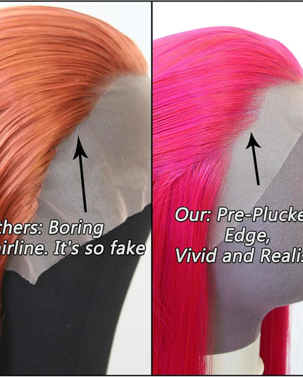 Comparison of hairline designs with text indicating 'Others: Boring hairline. It's so fake' and 'Our: Pre-Plucked Edge, Vivid and Realistic'.